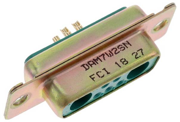 „Złoty złącznik elektryczny z czterema otworami na pin i oznaczony 'DAM7W2SM FCI 18 27'."