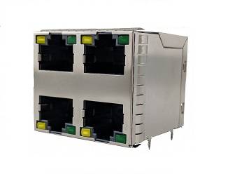 Moduł przyłączeniowy Ethernet czterokrotny z czterema portami RJ45, każdy z żółtymi i zielonymi wskaźnikami LED. Odpowiedni dla urządzeń sieciowych.