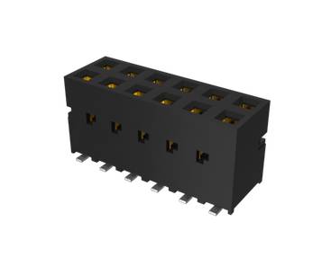 Czarny elektryczny wtyk z wieloma kwadratowymi stykami na czarnym tle. Wtyk posiada 14 podłączeń.