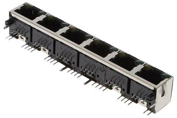 Rząd czarnych portów Ethernet na metalowo-plastikowym złączu z pinami poniżej do integracji w obwody elektroniczne.