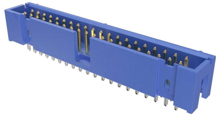 Zbliżenie obrazu niebieskiego złącza PCB z wieloma złotymi stykami, używanego do połączeń elektrycznych na elektronicznych płytkach obwodów drukowanych.