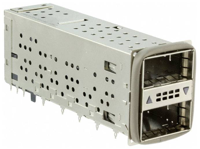 Srebrny metalowy komponent elektryczny z wieloma małymi otworami, wyposażony w prostokątny złącze na jednym końcu i szpilkami wzdłuż boków.