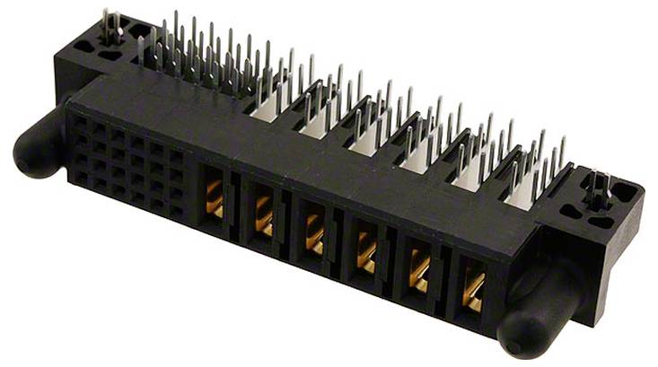 Wbudowany konektor backplane'u z wieloma bolcami, używany do połączeń danych i zasilania w urządzeniach elektronicznych.