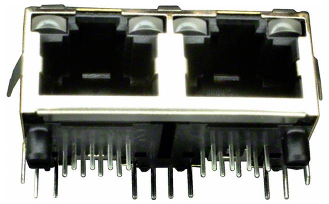 Gniazdo Ethernet z dwoma portami i wieloma metalowymi stykami do podłączania kabli sieciowych, powszechnie stosowane w urządzeniach sieciowych.