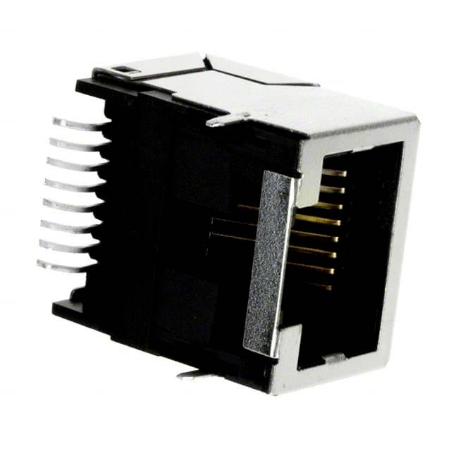 Metalowy wtyk sieciowy RJ45 z ośmioma stykami w kolorze złotym, sfotografowany z boku, przeznaczony do stosowania w połączeniach Ethernet.