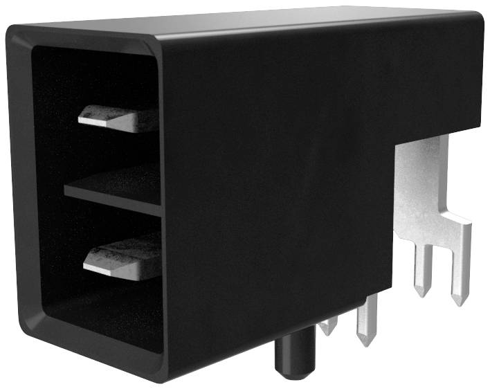 Czarny, prostokątny elektryczny adapter wtykowy z dwoma metalowymi stykami wystającymi z jednej otwartej strony.
