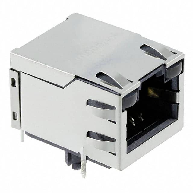 Srebrne złącze sieciowe RJ45, używane do połączeń ethernetowych w sieciach komputerowych.