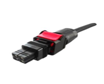 Czarny, czterokonektorowy kabel elektryczny z czerwonym mechanizmem blokującym, przeznaczony do zastosowań przemysłowych.