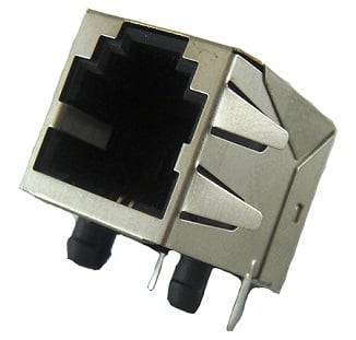 Metalowy złącze RJ45 Ethernet, sfotografowane z bliska, ukazuje gniazdo z dwoma widocznymi stykami, odpowiednie do połączeń sieciowych.