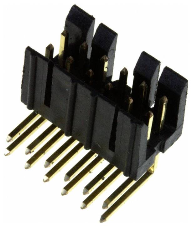 Czarny konektor gniazda 10-pin, wyposażony w dwa rzędy pozłacanych pinów, stosowany do nawiązywania połączeń elektrycznych na płytkach drukowanych.