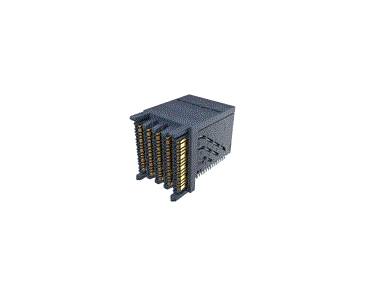 Obraz przedstawia prostokątny elektroniczny złącz z wieloma złotymi stykami widocznymi z boku.