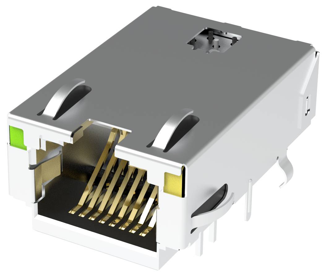 Zbliżenie metalowego złącza Ethernet RJ45 z widocznymi pinami w środku. Złącze jest częściowo osłonięte metalową obudową.