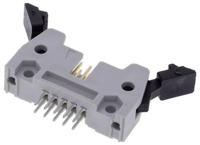 Czujnik optyczny z dziewięcioma metalowymi pinami i dwoma czarnymi plastikowym klipsami, używany do wykrywania ruchu lub pozycji w urządzeniach elektronicznych.