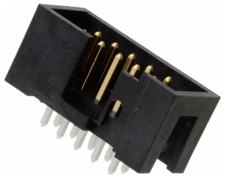 Czarny plastikowy łącznik z rzędem metalowych pinów, używany do połączeń obwodów elektronicznych.