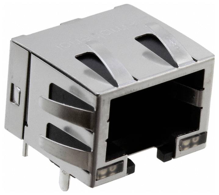 Zbliżenie na metalowy złącze Ethernet RJ45 z prostokątnym otworem na kabel.