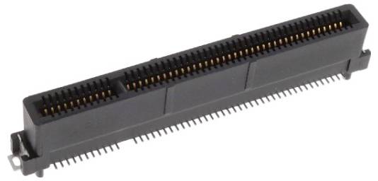 Czarny plastikowy złącz elektroniczny z wieloma małymi złotymi pinami ułożonymi w dwóch równoległych rzędach.