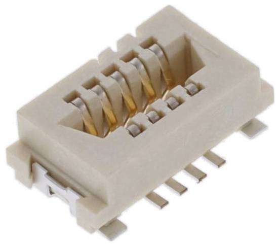 Beżowy złącze micro USB z kilkoma pozłacanymi stykami, zaprojektowane do połączeń urządzeń elektronicznych.