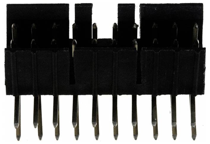 Czarny plastikowy złącznik elektroniczny z wieloma metalowymi bolcami, widziany od strony bolców, używany do połączenia elementów elektronicznych.