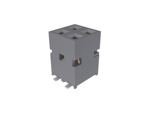 Szary, sześcienny element elektroniczny z czterema otworami pionowymi i trzema stykami na spodzie.