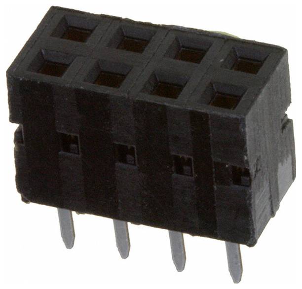 Czarny prostokątny sześciostykowy złącze z metalowymi bolcami, używane w obwodach elektronicznych.