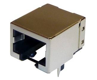Metalowy złącz Ethernet w prostokątnej obudowie z odkrytym gniazdem do podłączenia kabla.