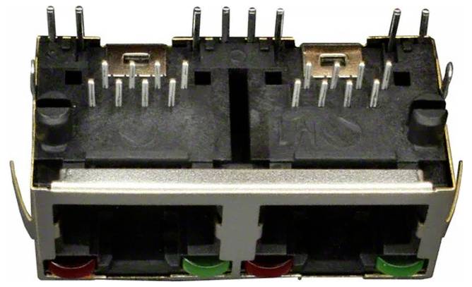 Podwójny port Ethernet RJ45 w metalowej obudowie z licznymi pinami na górze do łączności, używany w urządzeniach sprzętu sieciowego.