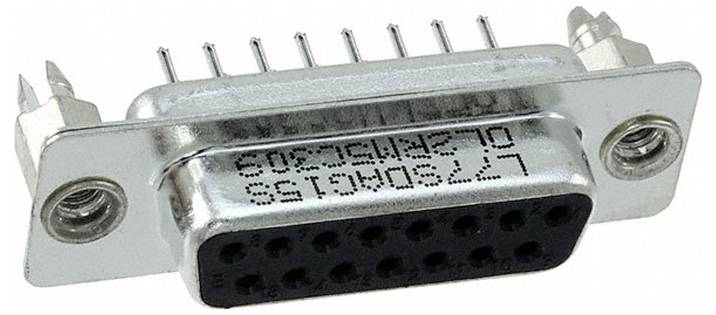 Srebrny konektor D-sub z rzędem styków i dwoma otworami montażowymi, powszechnie używany do łączenia urządzeń elektronicznych.