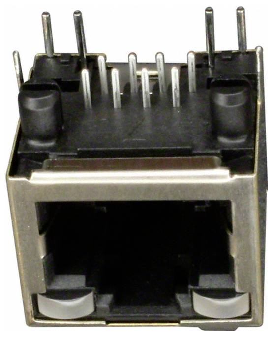 Zbliżenie złącza portu Ethernet, ukazujące metaliczną obudowę zewnętrzną i wewnętrzne złącza pinowe, używane do połączeń kabli sieciowych.