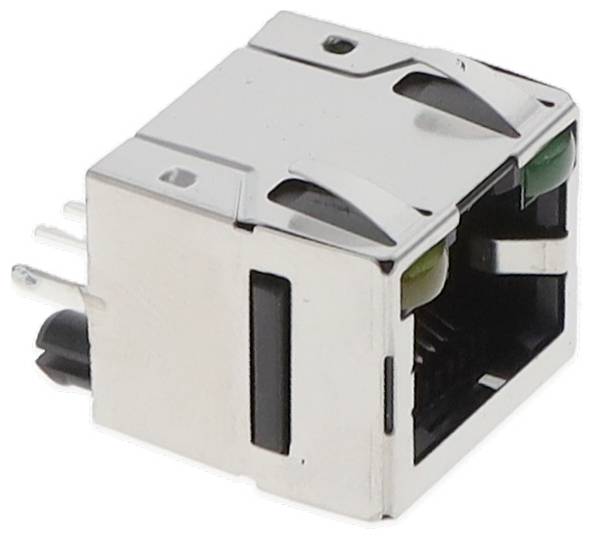 Port Ethernet RJ45 z osłoną metalową i zintegrowanymi diodami LED, używany do podłączania kabli sieciowych w urządzeniach elektronicznych.