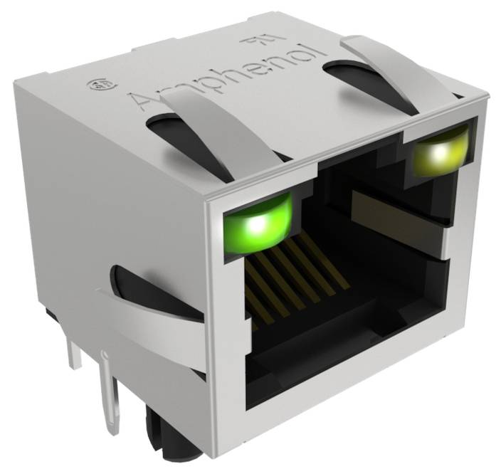 Port Ethernet RJ45 z diodami LED, jedną zieloną i jedną żółtą, na metalowej obudowie.