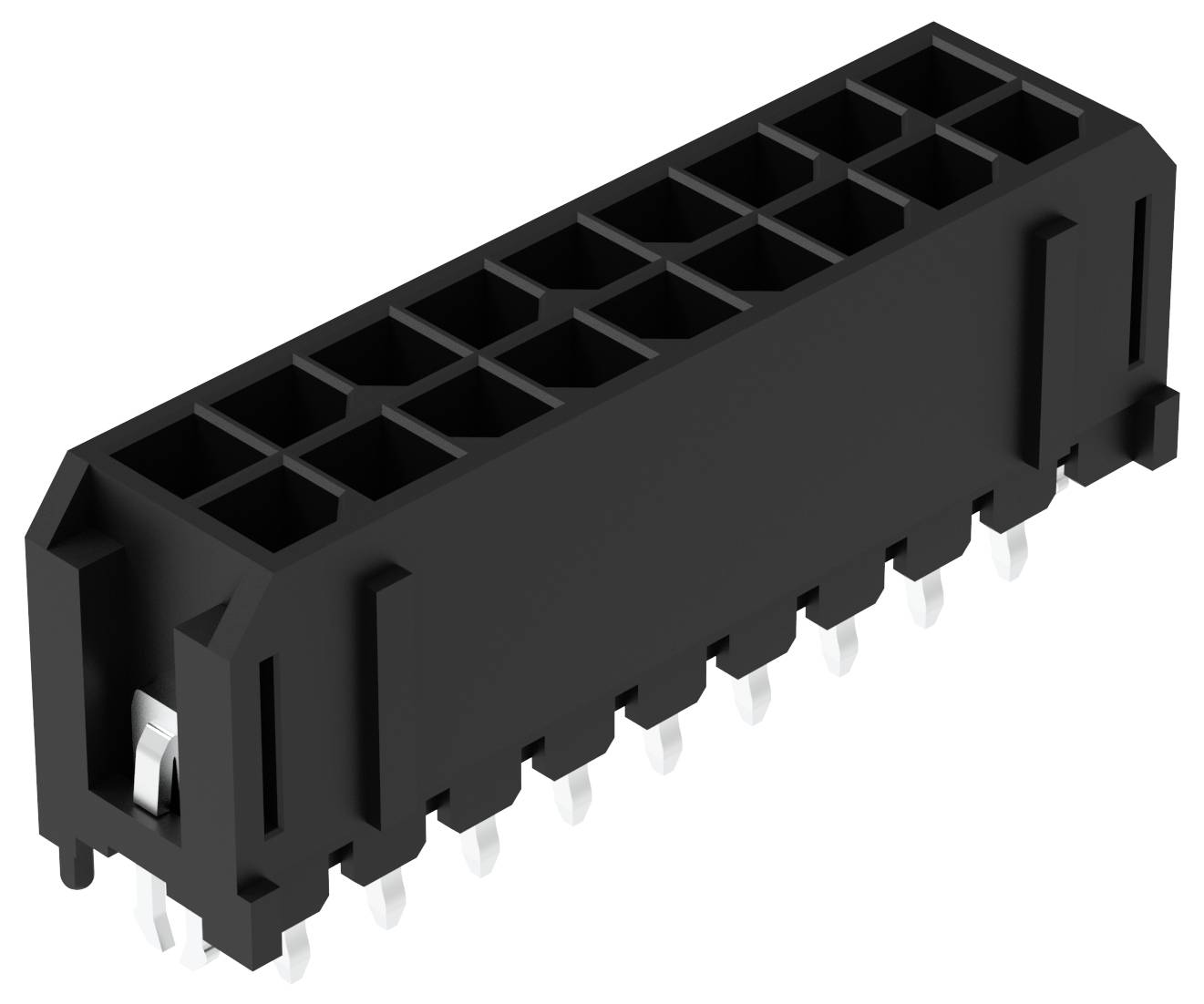 Czarny plastikowy złącznik elektryczny z wieloma szczelinami na pins, wyposażony w metalowe kolce na dnie do przymocowania do płytki drukowanej.