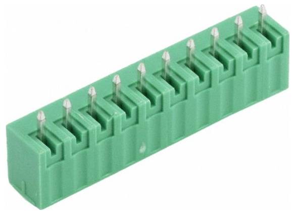 Zielony blok zacisku z dziesięcioma stykami, używany do połączeń elektrycznych.