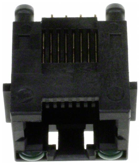 Gniazdo Ethernet RJ45 z ośmioma metalowymi kontaktami wewnątrz prostokątnej obudowy. Używane do podłączania kabli sieciowych.