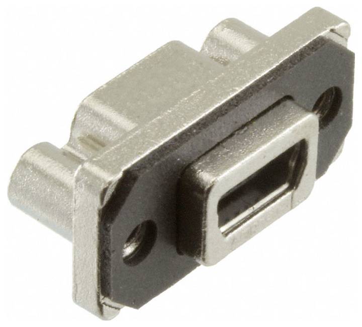 Metalowy złącznik gniazda USB mini-B z dwoma otworami montażowymi, zaprojektowany dla płytek obwodów i urządzeń, pokazany w widoku z góry pod kątem.