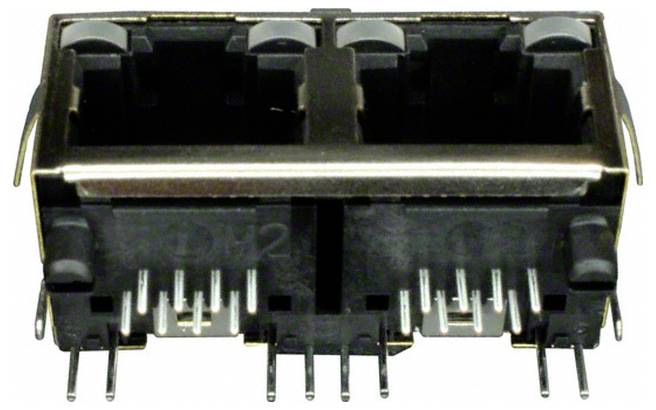 Dwuportowy złącze RJ45 z metalową osłoną i wieloma stykami, używane do połączeń sieciowych lub transmisji danych.