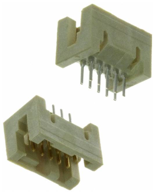 Dwie beżowe elektroniczne złącza z wieloma metalowymi stykami skierowanymi w dół, umieszczone pionowo, na białym tle.