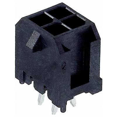 Czarny plastikowy konektor elektroniczny o prostokątnym korpusie i czterema metalowymi pinami na dnie do zamocowania na płytce drukowanej.