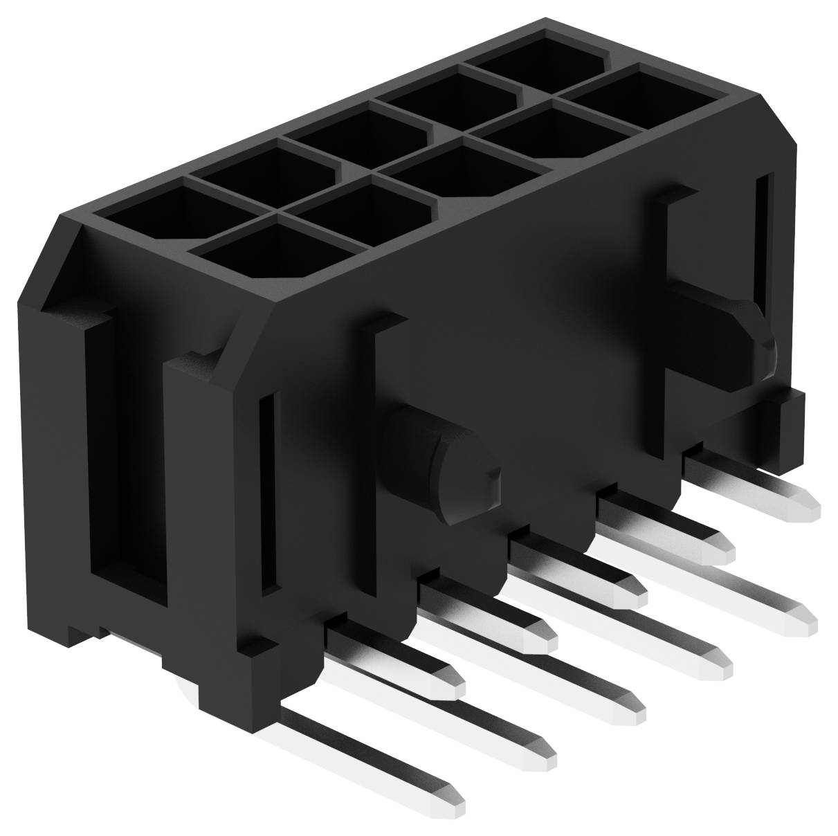 Czarny, prostokątny złącze męskie z 10 pinami z metalowymi stykami, używane do obwodów elektronicznych i połączeń sprzętowych.