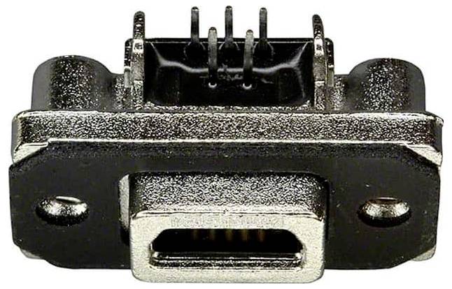 Zbliżenie żeńskiego złącza USB Mini-B do montażu panelowego, przedstawiające prostokątny metalowy port z otworami mocującymi po obu stronach.