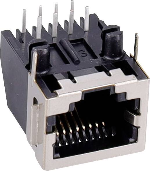 Przedstawiono złącze portu Ethernet, używane typowo do podłączania kabli sieciowych w urządzeniach komputerowych, umożliwiające przewodowe połączenia internetowe.
