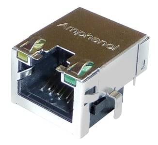 Metalowy złącze RJ-45 Ethernet z zielonymi i żółtymi wskaźnikami LED na przedniej części.