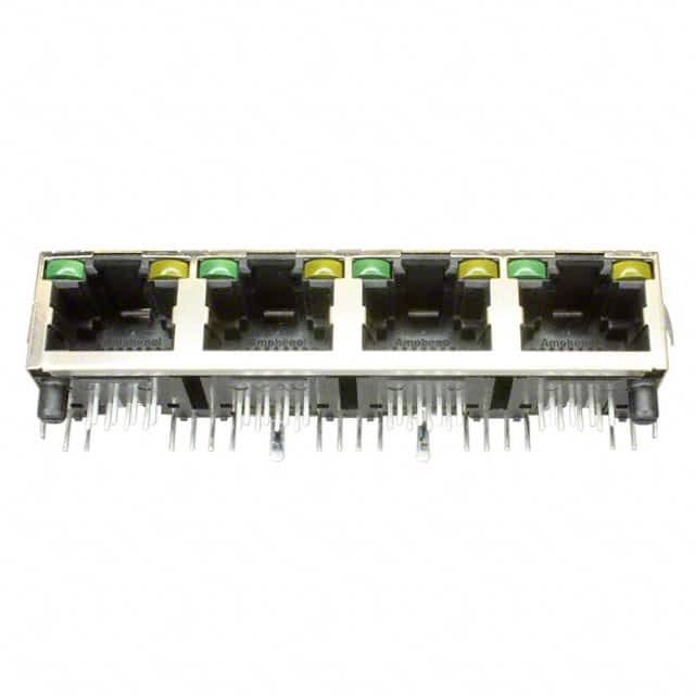 Listwa gniazd RJ45 z pięcioma portami w rzędzie, każdy z diodami LED. Odpowiednia do połączeń sieciowych na płytce drukowanej.