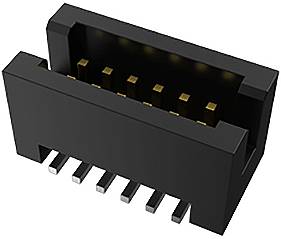 Czarny elektryczny złącze z ośmioma metalowymi stykami, przeznaczone do płytek drukowanych, przedstawione w widoku bocznym.