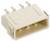 Beżowy, plastikowy złącze elektryczne z czterema metalowymi stykami, zazwyczaj stosowane do podłączania przewodów do płytek drukowanych.