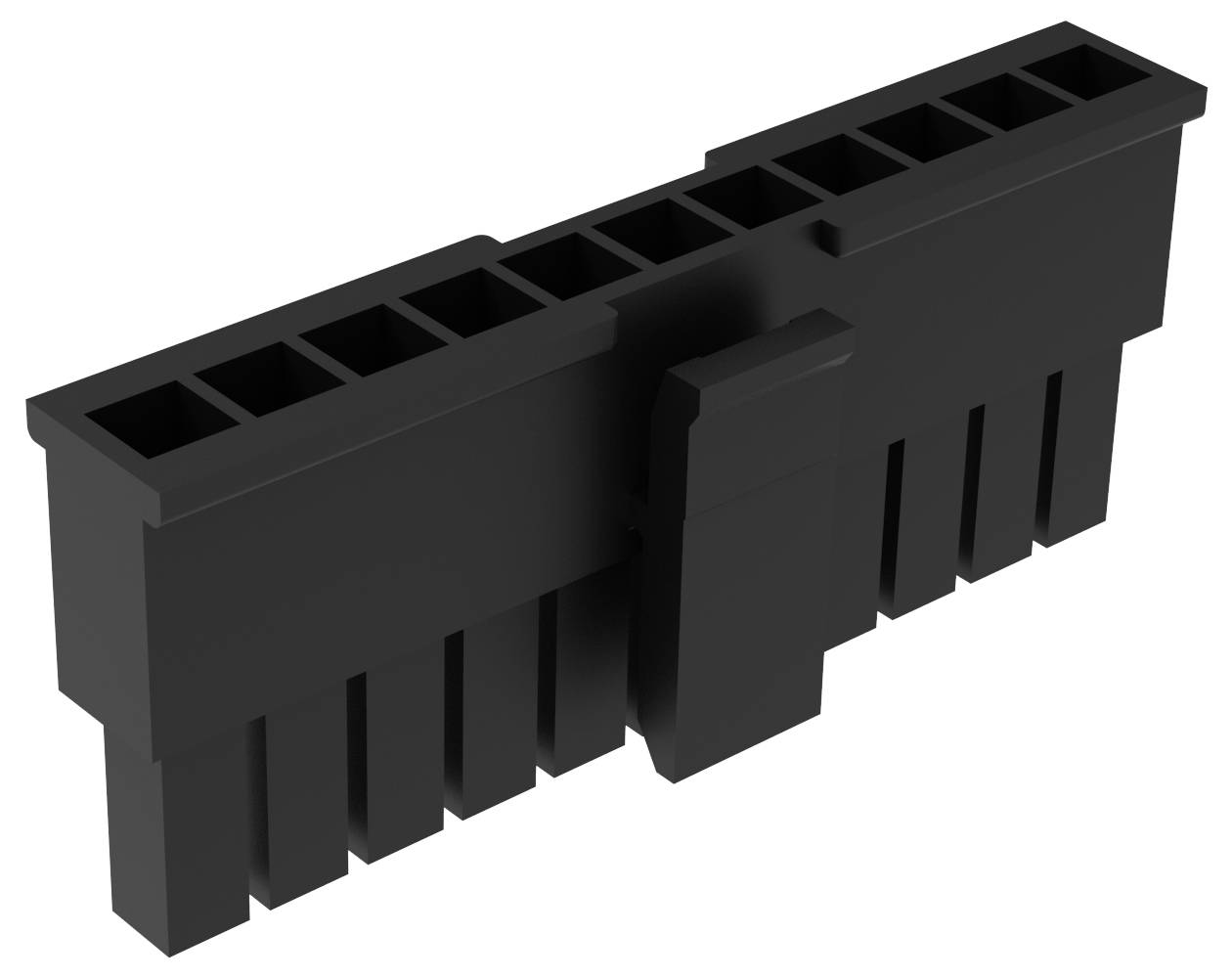 Złącze zasilające PCIe 6+2 pin pokazujące punkty połączenia i zacisk do zabezpieczenia urządzenia, używane do kart graficznych w komputerach.