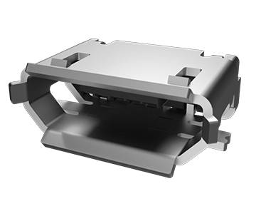 Metalowa obudowa wtyczki o kształcie prostokątnym z wieloma otworami, prawdopodobnie przeznaczona do połączeń elektronicznych w urządzeniach.