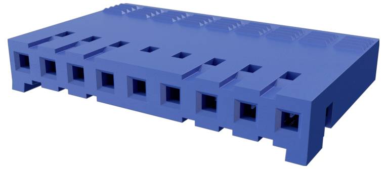Niebieska modularna powierzchnia z różnymi kwadratowymi wycięciami i podniesionym wzorem, przypominająca nowoczesny projekt architektoniczny lub przemysłowy.
