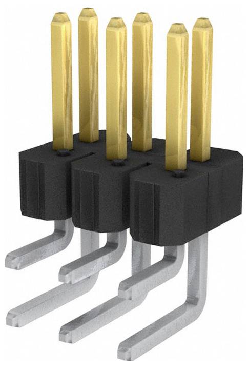Gniazdo typu pin header 3x2 z sześcioma pozłacanymi stykkami i czarną plastikową podstawą, powszechnie używane do łączenia komponentów elektronicznych lub obwodów.