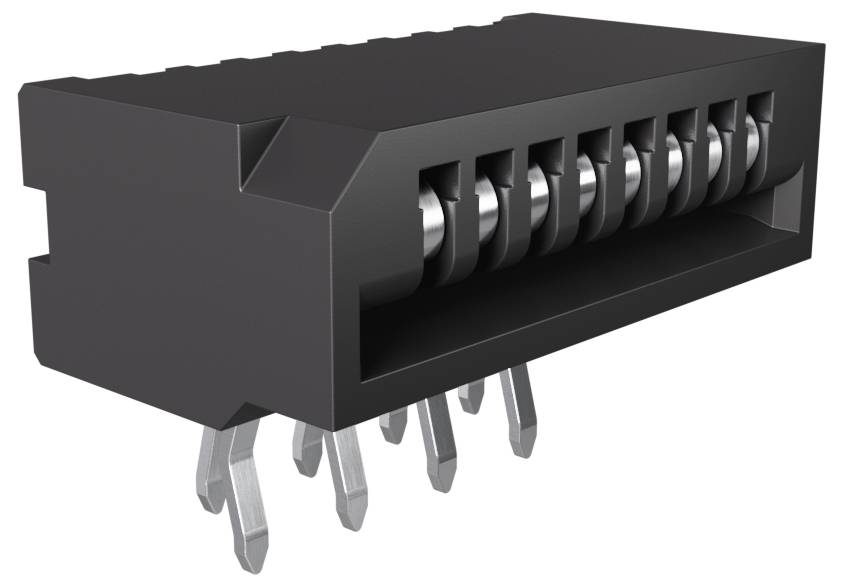 Czarny prostokątny łącznik elektroniczny z wieloma metalowymi stykami do montażu, prawdopodobnie używany w płytach obwodów do połączeń elektrycznych.