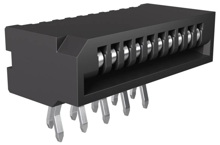 Czarny plastikowy konektor elektryczny z metalowymi stykami, używany do integracji obwodów na płytce drukowanej.